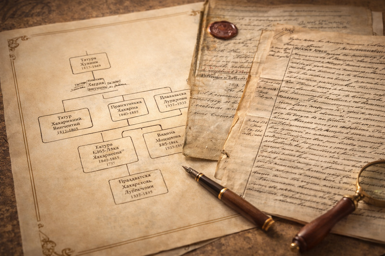 Фрагмент родословного древа и архивных документов